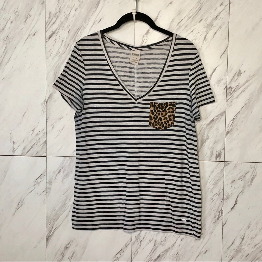 PINK Victoria Secret Striped Leopard Cheetah Pocket Tee SZ M